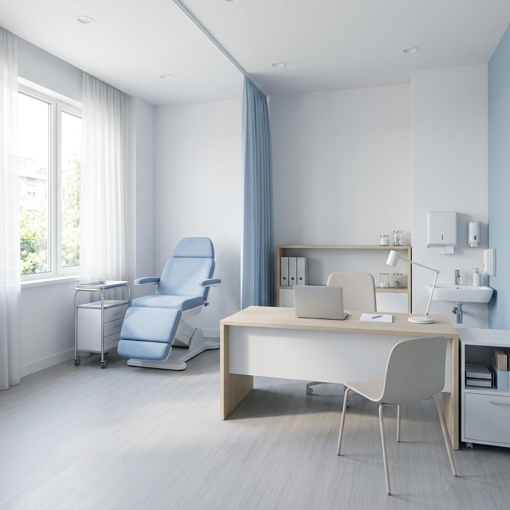 Illustration of a bright, modern consulting room with a treatment chair and desk