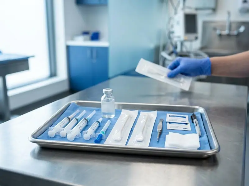Illustration of a tidy clinical tray with fine needles and dressings